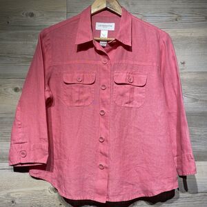 Liz Claiborne Linen Shirt Jacket Pockets Button Up Pink Size 12 Petite Coastal